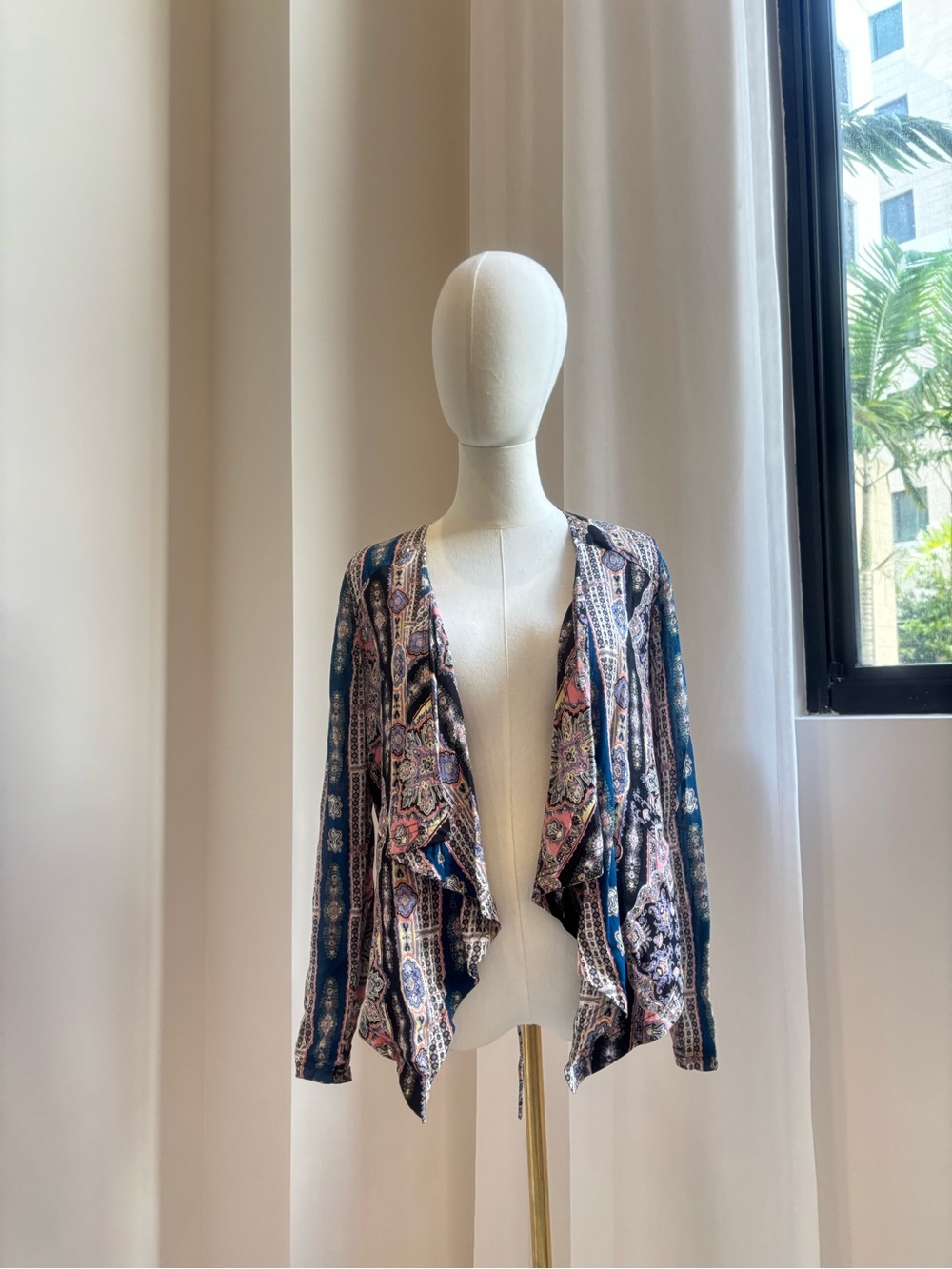 Boho Open Front Drape Cardigan in Navy & Multi